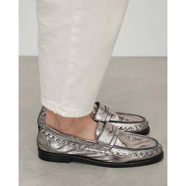 Allsaints Australia Womens Sofie Metallic Leather Loafers Silver AU34-279